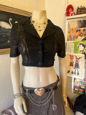 Black Cropped Button-Front Lace Panel Top
